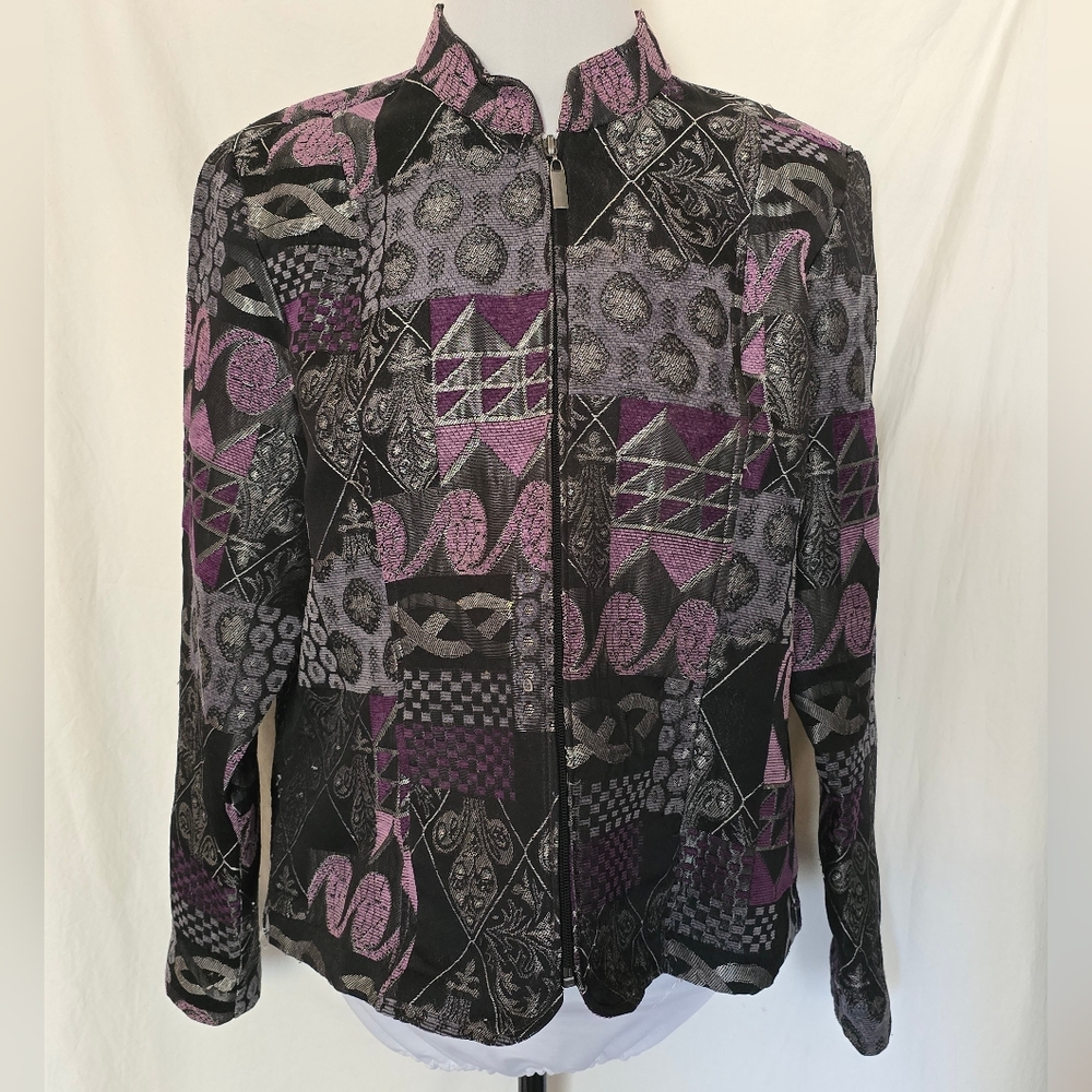 Dress Barn Tapestry Jacket Women's Large Zip-Up Purple Silver Gray Black